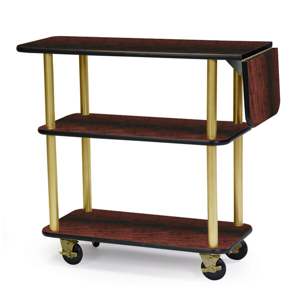 Geneva 36102-04 Rectangular 3 Shelf Laminate Tableside Service Cart with 10" Drop Leaf and Red Maple Finish - 16" x 48" x 35 1/4