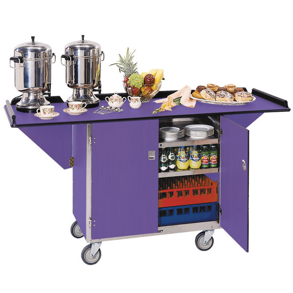 A purple Lakeside beverage service cart with food and drinks on it.