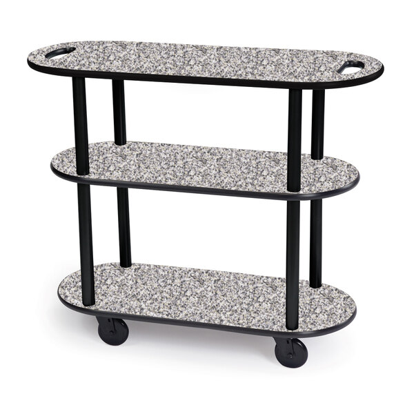 Geneva 36204-01 Oval 3 Shelf Laminate Table Side Service Cart with Handle Cutouts and Gray Sand Finish - 16" x 42 3/8" x 35 1/4