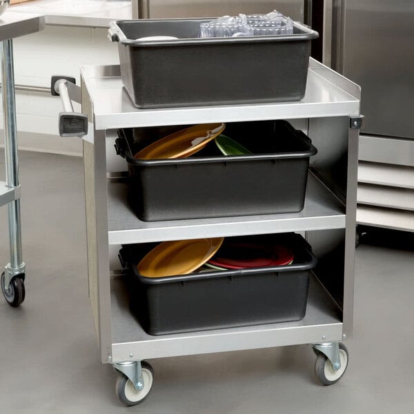 Lakeside 822BS 3 Shelf Heavy Duty Stainless Steel Utility Cart with Enclosed Base and Beige Suede Finish - 19 1/2" x 31 1/4" x 34 1/2"
