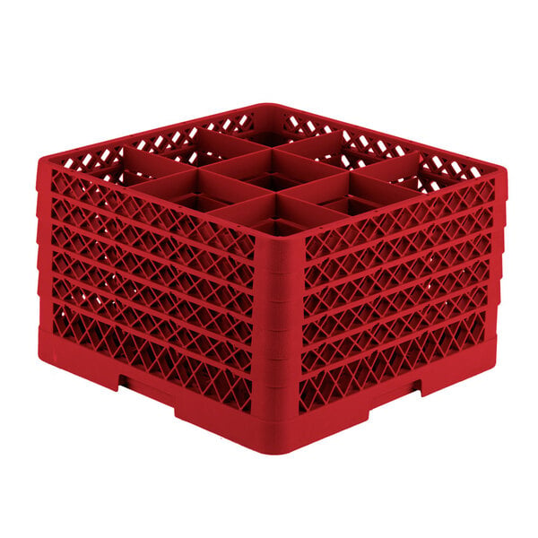A red plastic Vollrath Traex glass rack with nine compartments.