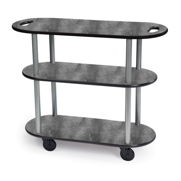 Geneva 36204-07 Oval 3 Shelf Laminate Table Side Service Cart with Handle Cutouts and Pewter Brush Finish - 16" x 42 3/8" x 35 1/4