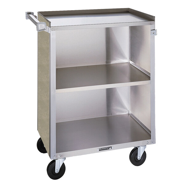 A silver Lakeside stainless steel utility cart with three shelves and wheels.