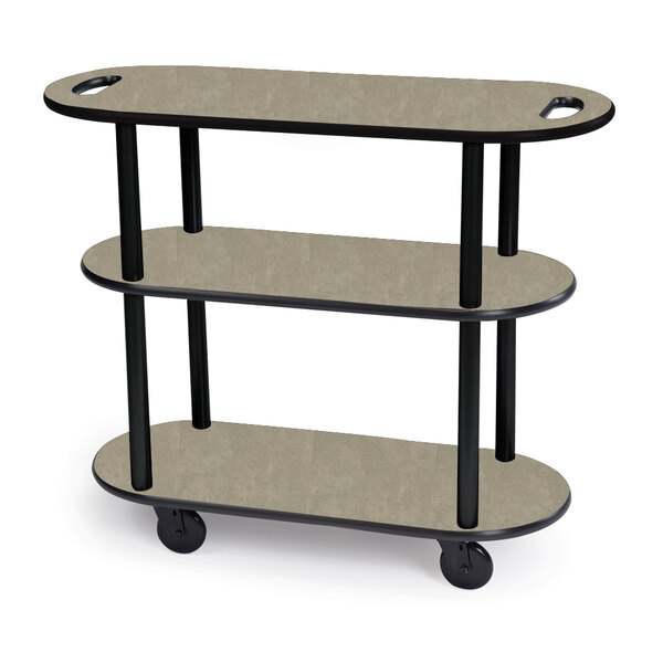 Geneva 36204-09 Oval 3 Shelf Laminate Table Side Service Cart with Handle Cutouts and Beige Suede Finish - 16" x 42 3/8" x 35 1/4