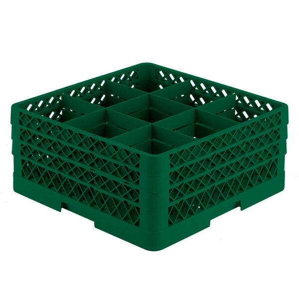 A Vollrath green plastic glass rack with nine compartments.