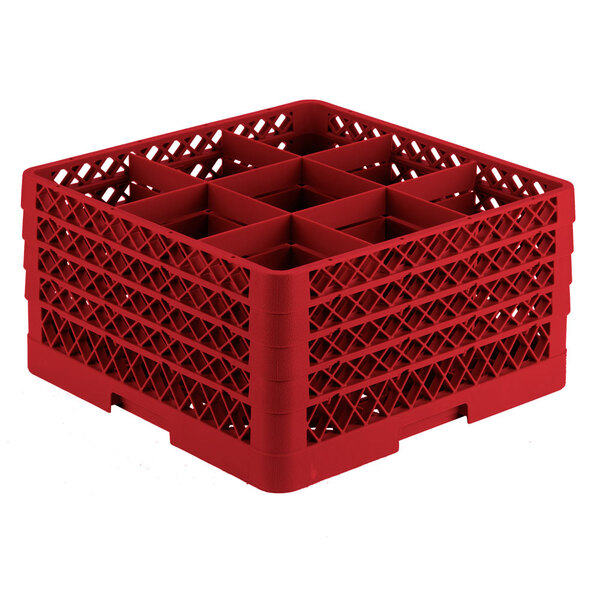 A red Vollrath Traex glass rack with nine compartments.