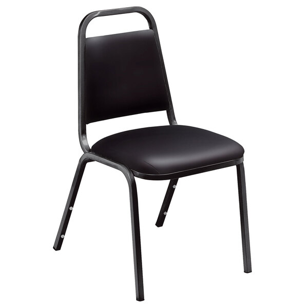 National Public Seating 9110-B Standard Style Stack Chair with 1 1/2" Padded Seat, Black Metal Frame, and Panther Black Vinyl Upholstery
