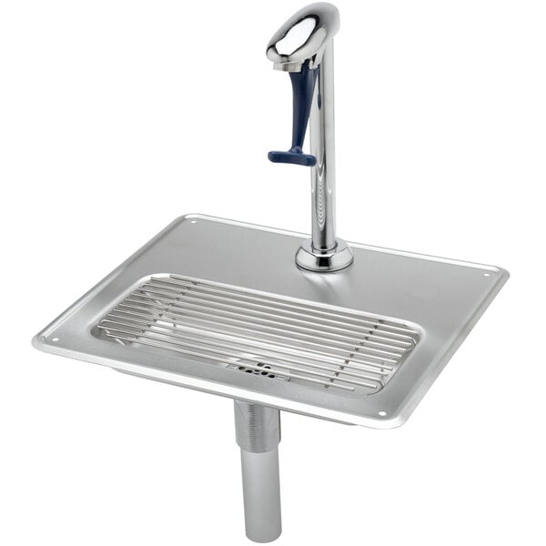 A T&S stainless steel water station with a pedestal glass filler and metal drip pan over a drain.