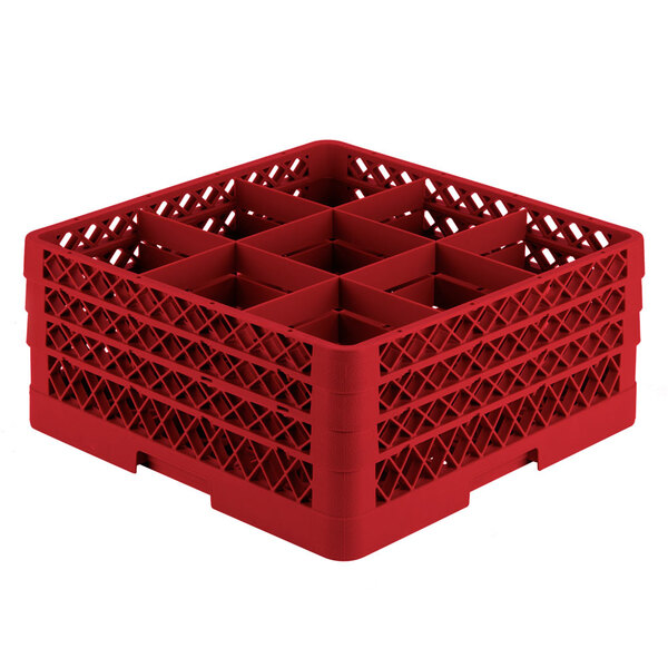 A red Vollrath Traex glass rack with six compartments.