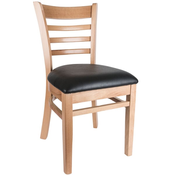 Wood Frame Natural Finish Ladder Back Restaurant Chair w/ Black Vinyl Seat 