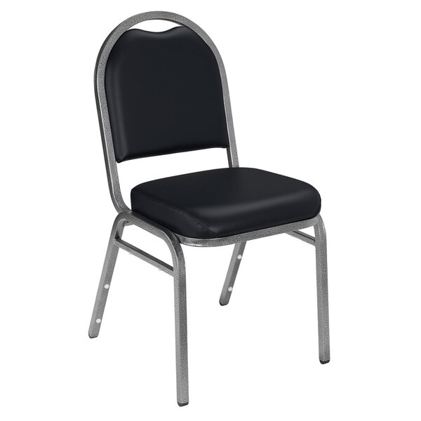 National Public Seating 9210-SV Dome Style Stack Chair with 2" Padded Seat, Silvervein Metal Frame, and Panther Black Vinyl Upholstery