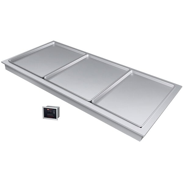 A Hatco stainless steel rectangular cold slab with three sections.