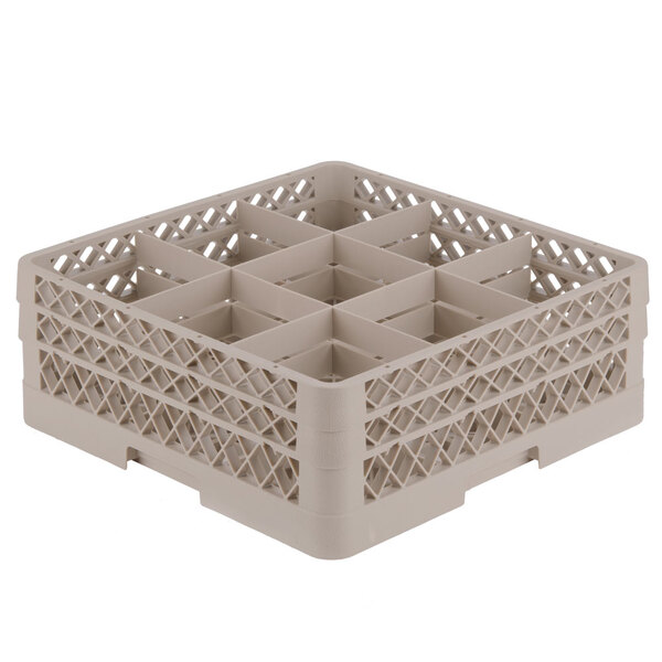 A beige Vollrath plastic glass rack with six compartments and an open white plastic extender on top.