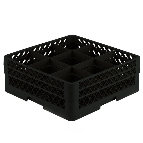 A black Vollrath plastic rack with 9 compartments for glasses.