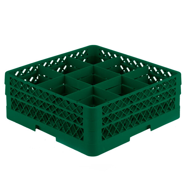 A Vollrath green plastic glass rack with 9 compartments.