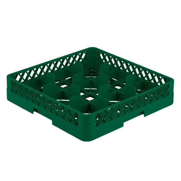 A green plastic Vollrath Traex glass rack with 9 compartments.