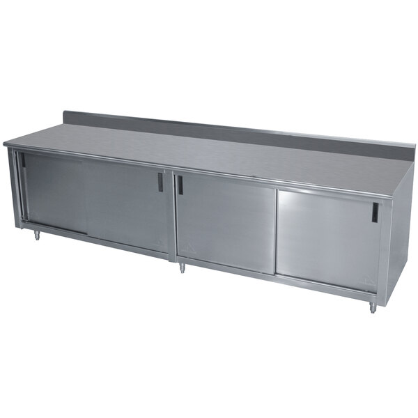 A stainless steel kitchen counter with cabinet base and mid shelf.