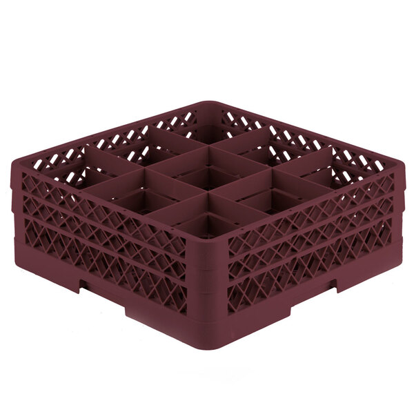 A burgundy Vollrath Traex glass rack with six compartments.