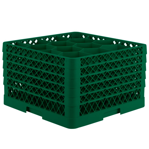 A green Vollrath Traex glass rack with open rack extender on top.