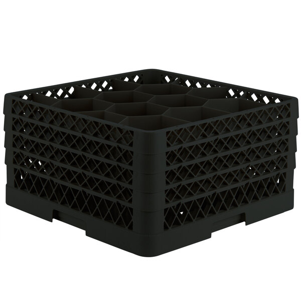 A black Vollrath Traex rack with 12 compartments for 9 7/16" glasses.