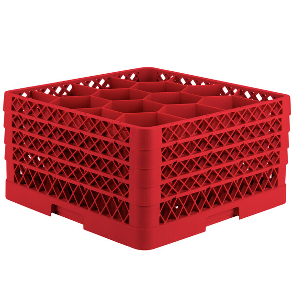 A red plastic Vollrath Traex glass rack with 12 compartments.