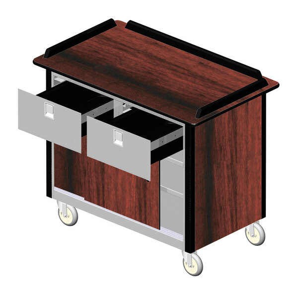 A Lakeside stainless steel beverage service cart with red maple laminate finish and two drawers on wheels.