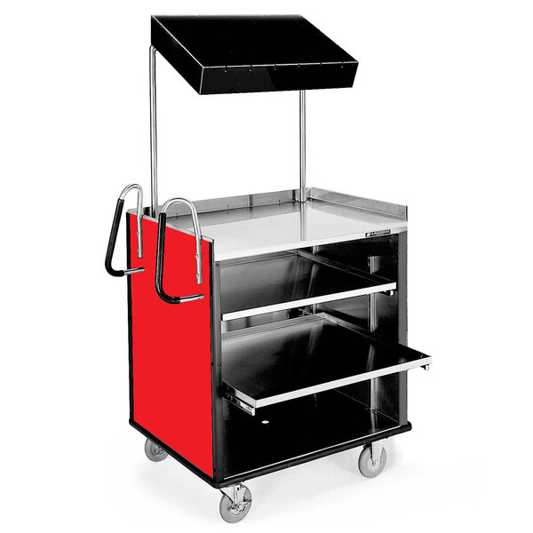 A red and black Lakeside vending cart with shelves and a door.