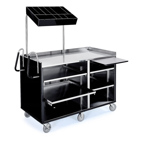 A black Lakeside vending cart with stainless steel shelves.