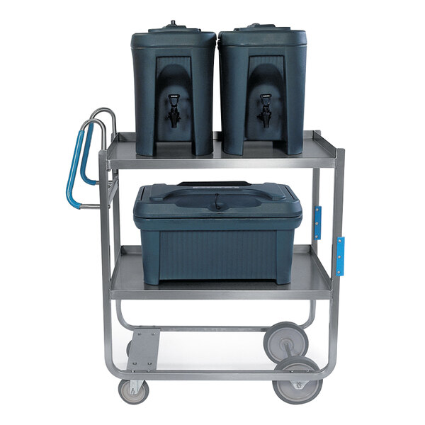 A Lakeside stainless steel utility cart with two shelves holding containers.