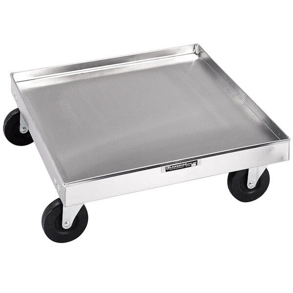 A silver Lakeside stainless steel dish rack dolly with black wheels.