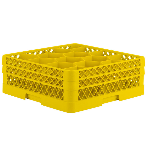A yellow Vollrath Traex glass rack with six compartments.