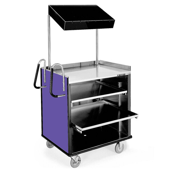 A stainless steel vending cart with purple and black accents and shelves.