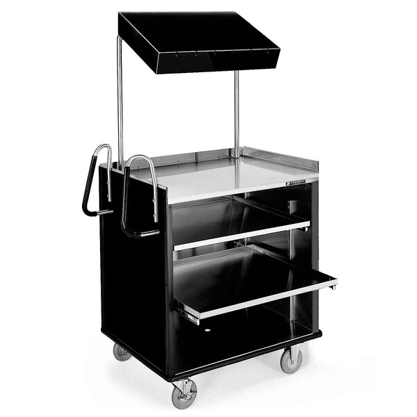A black Lakeside vending cart with shelves and a silver canopy.