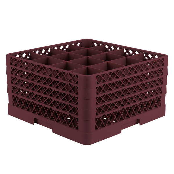 A burgundy plastic Vollrath Traex glass rack with open extender on top.