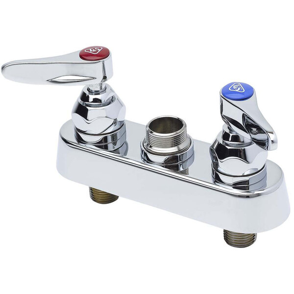A T&S chrome deck mounted faucet base with two handles.