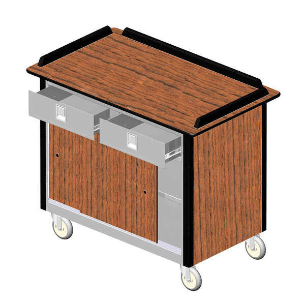 A Lakeside stainless steel beverage service cart with Victorian cherry laminate finish, two utility drawers, and wheels.
