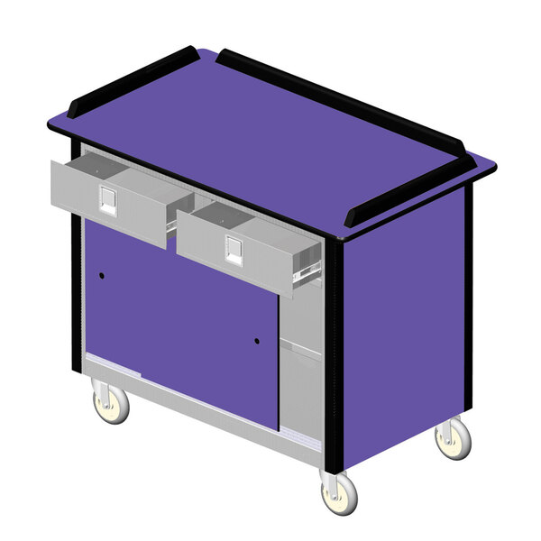 A purple Lakeside stainless steel beverage service cart with two drawers on wheels.