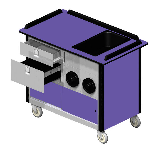 A purple and stainless steel Lakeside beverage service cart with two drawers and two cup dispensers.