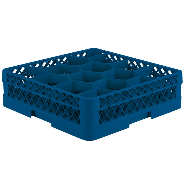 A blue Vollrath Traex glass rack with 12 compartments.