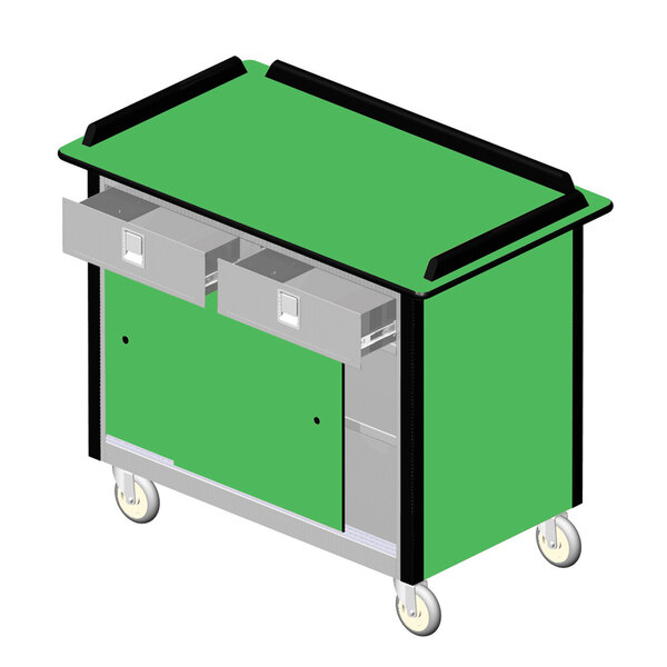 A Lakeside stainless steel beverage service cart with green laminate finish and two utility drawers.