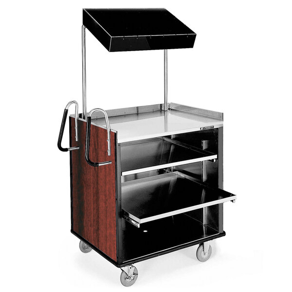 A Lakeside stainless steel vending cart with a black and silver shelf.