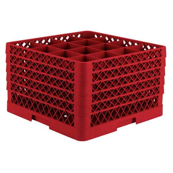 A Vollrath red plastic glass rack with 16 compartments.