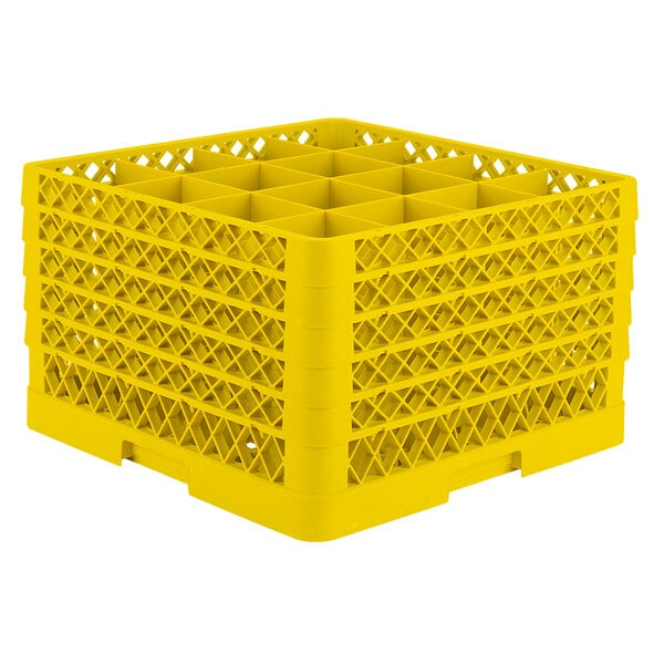 A Vollrath yellow plastic glass rack with 16 compartments.