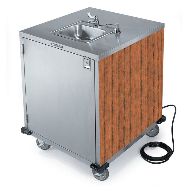 Lakeside 9600VC Portable Self-Contained Stainless Steel Hand Sink Cart with Cold Water Faucet, Soap Dispenser, and Victorian Cherry Finish - 115V