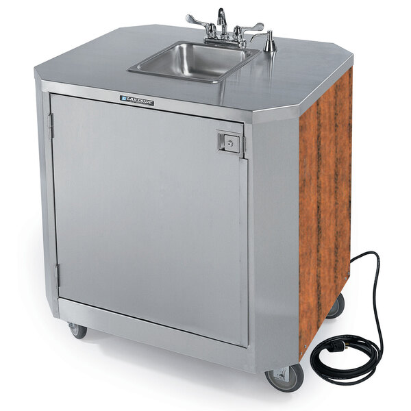 Lakeside 9610VC Portable Self-Contained Stainless Steel Hand Sink Cart with Hot & Cold Water Faucet, Soap Dispenser, and Victorian Cherry Finish - 120V