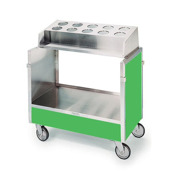 A green Lakeside stainless steel silverware tray cart on wheels.