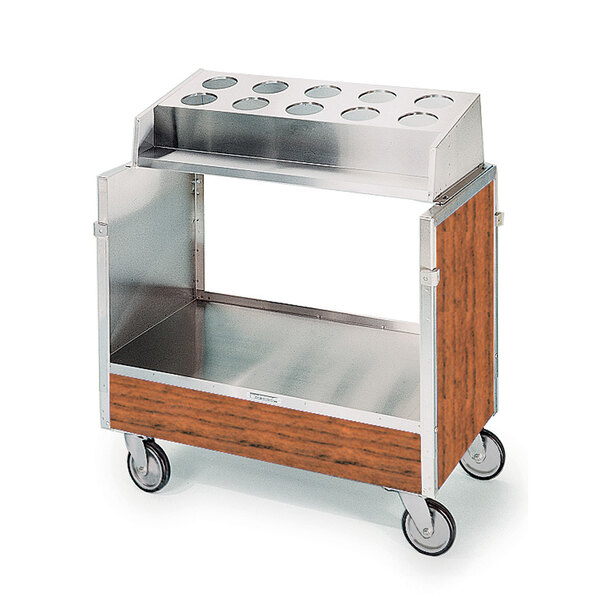 Lakeside 603VC Stainless Steel Silverware / Tray Cart with 10 Hole Flatware Bin and Victorian Cherry Finish - 22 1/4" x 36 1/4" x 39 3/4"