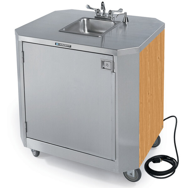 Lakeside 9610LM Portable Self-Contained Stainless Steel Hand Sink Cart with Hot & Cold Water Faucet, Soap Dispenser, and Light Maple Finish - 120V