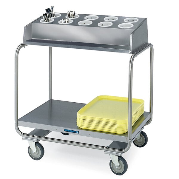 A Lakeside stainless steel flatware cart with a flatware bin.