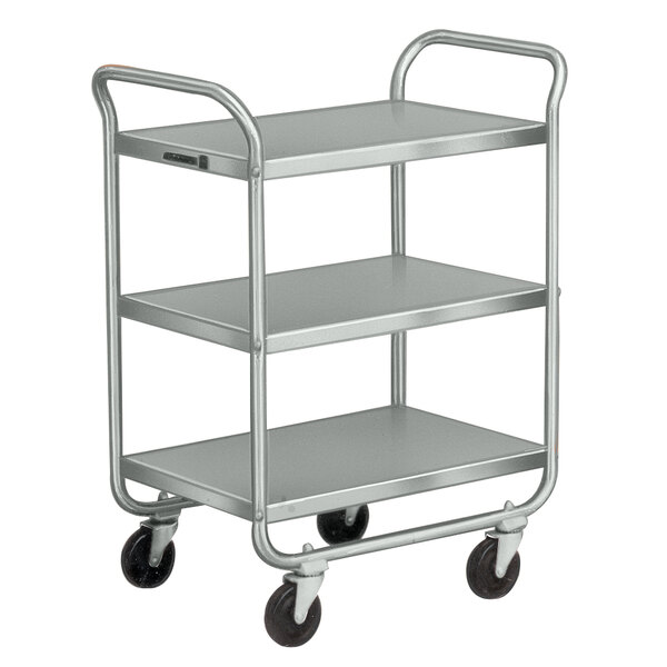 A silver Lakeside stainless steel three shelf utility cart with black wheels.